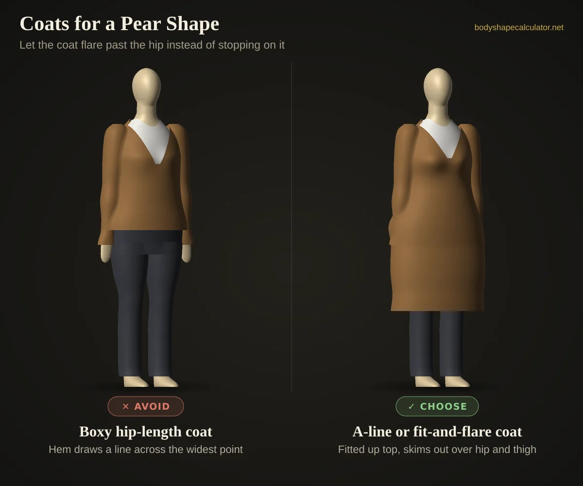 3D comparison of coats on a pear body shape — avoid: boxy hip-length coat (hem draws a line across the widest point); choose: a-line or fit-and-flare coat (fitted up top, skims out over hip and thigh)