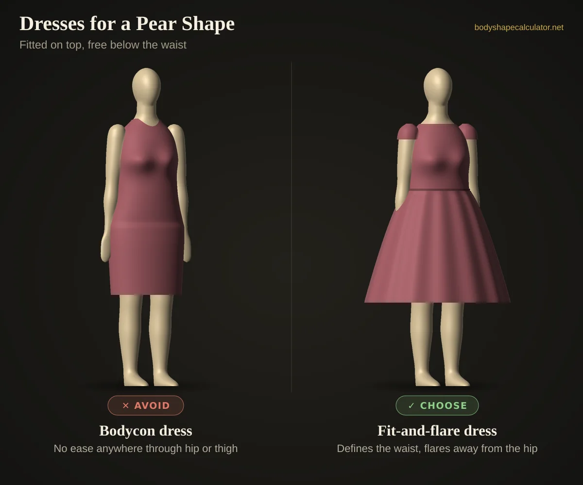 3D comparison of dresses on a pear body shape — avoid: bodycon dress (no ease anywhere through hip or thigh); choose: fit-and-flare dress (defines the waist, flares away from the hip)