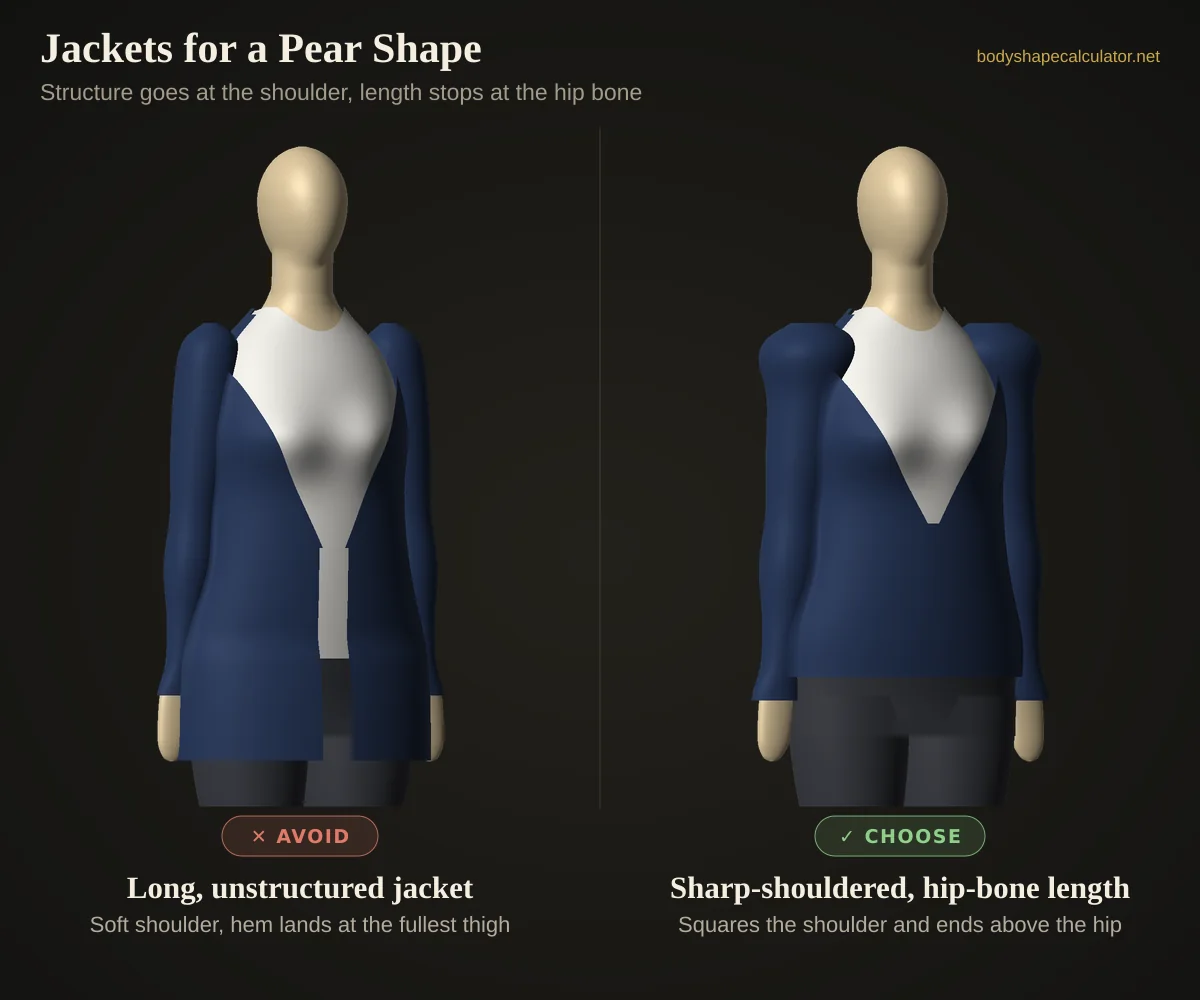 3D comparison of jackets on a pear body shape — avoid: long, unstructured jacket (soft shoulder, hem lands at the fullest thigh); choose: sharp-shouldered, hip-bone length (squares the shoulder and ends above the hip)