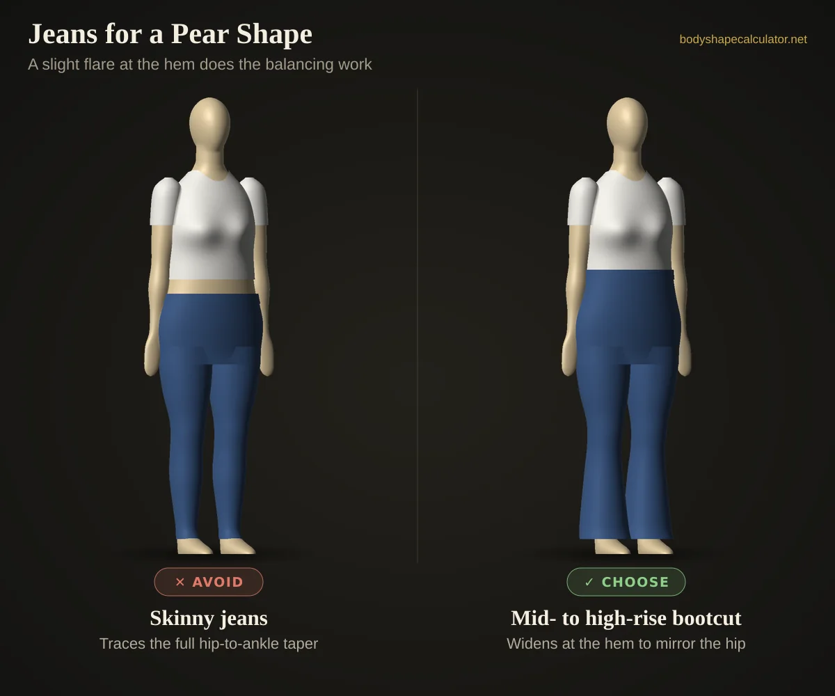 3D comparison of jeans on a pear body shape — avoid: skinny jeans (traces the full hip-to-ankle taper); choose: mid- to high-rise bootcut (widens at the hem to mirror the hip)