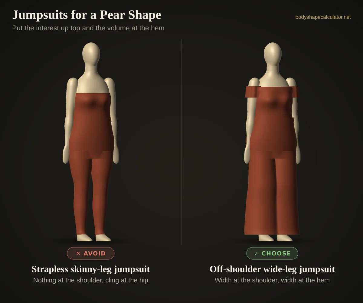 3D comparison of jumpsuits on a pear body shape — avoid: strapless skinny-leg jumpsuit (nothing at the shoulder, cling at the hip); choose: off-shoulder wide-leg jumpsuit (width at the shoulder, width at the hem)