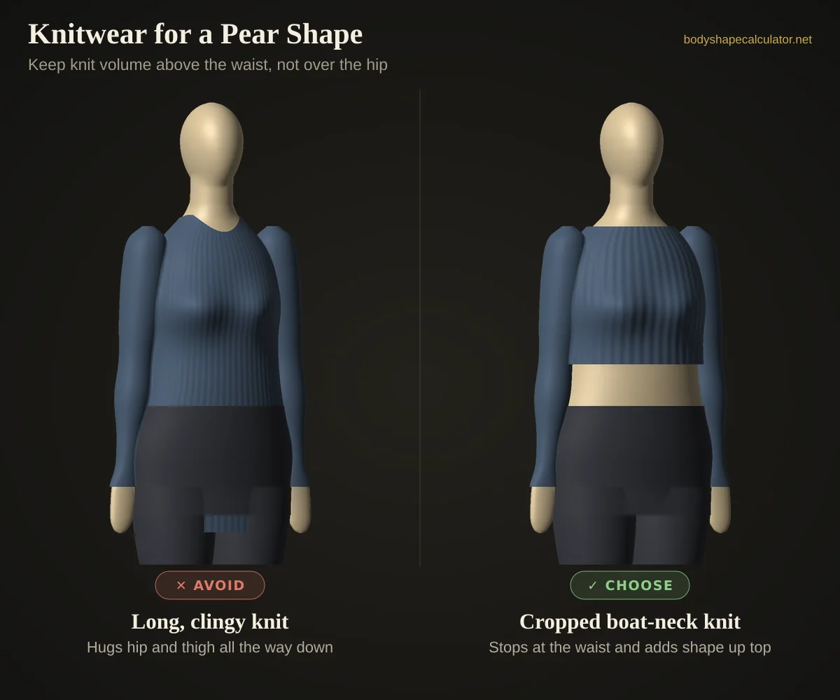3D comparison of knitwear on a pear body shape — avoid: long, clingy knit (hugs hip and thigh all the way down); choose: cropped boat-neck knit (stops at the waist and adds shape up top)