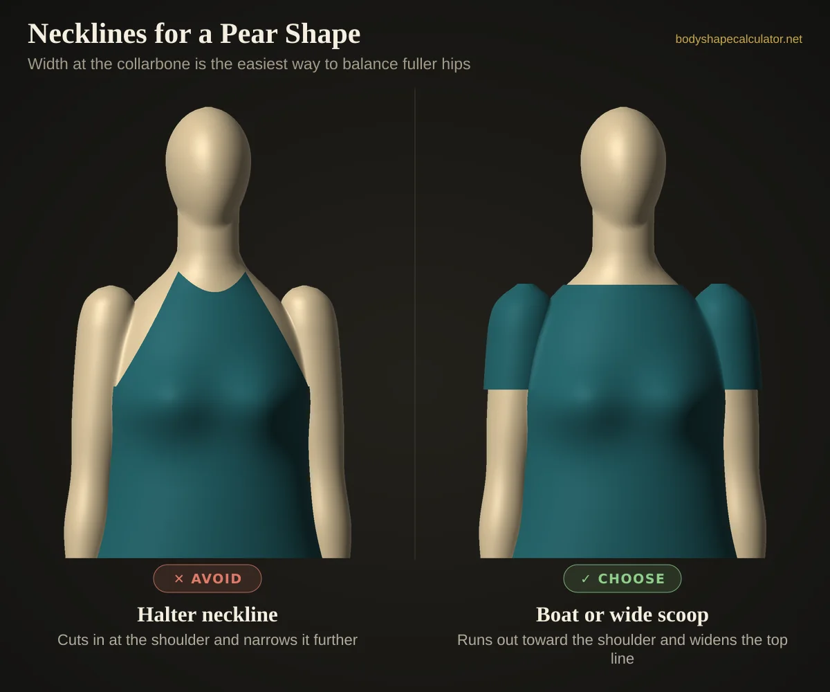 3D comparison of necklines on a pear body shape — avoid: halter neckline (cuts in at the shoulder and narrows it further); choose: boat or wide scoop (runs out toward the shoulder and widens the top line)