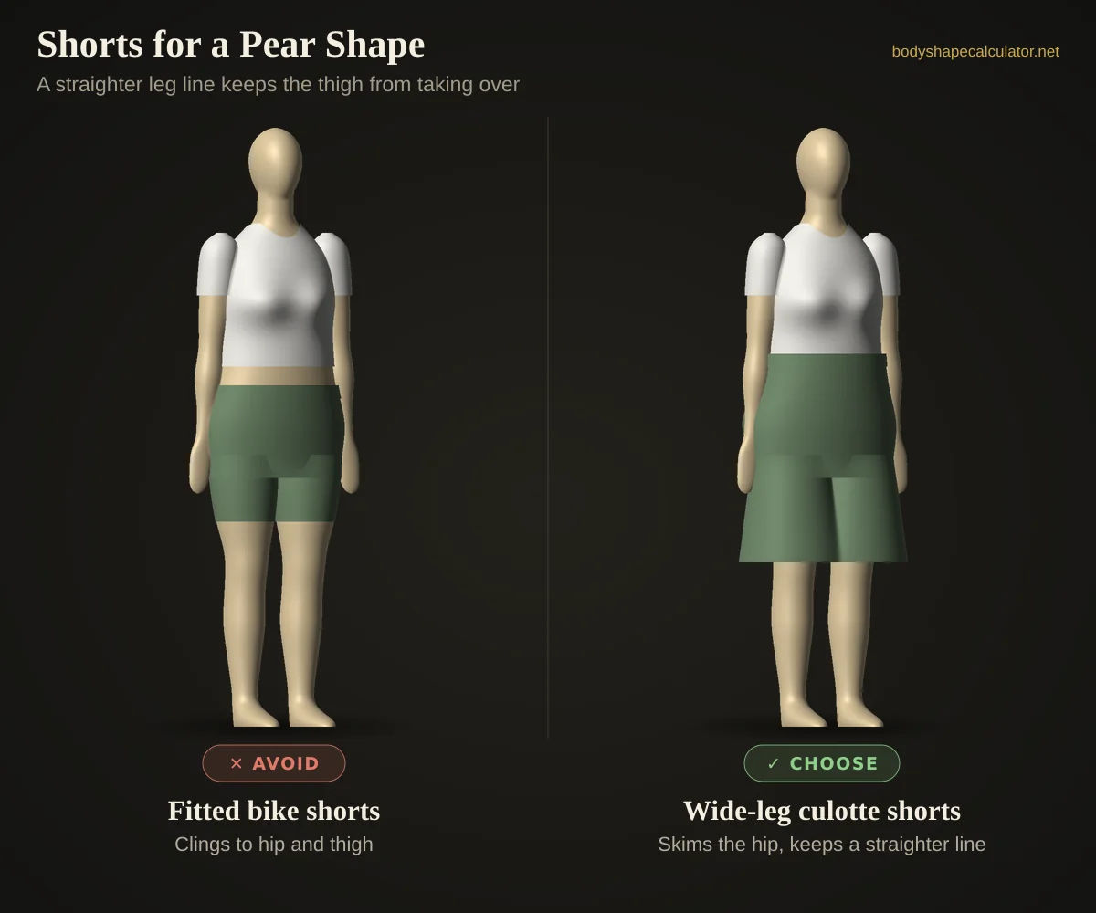 3D comparison of shorts on a pear body shape — avoid: fitted bike shorts (clings to hip and thigh); choose: wide-leg culotte shorts (skims the hip, keeps a straighter line)