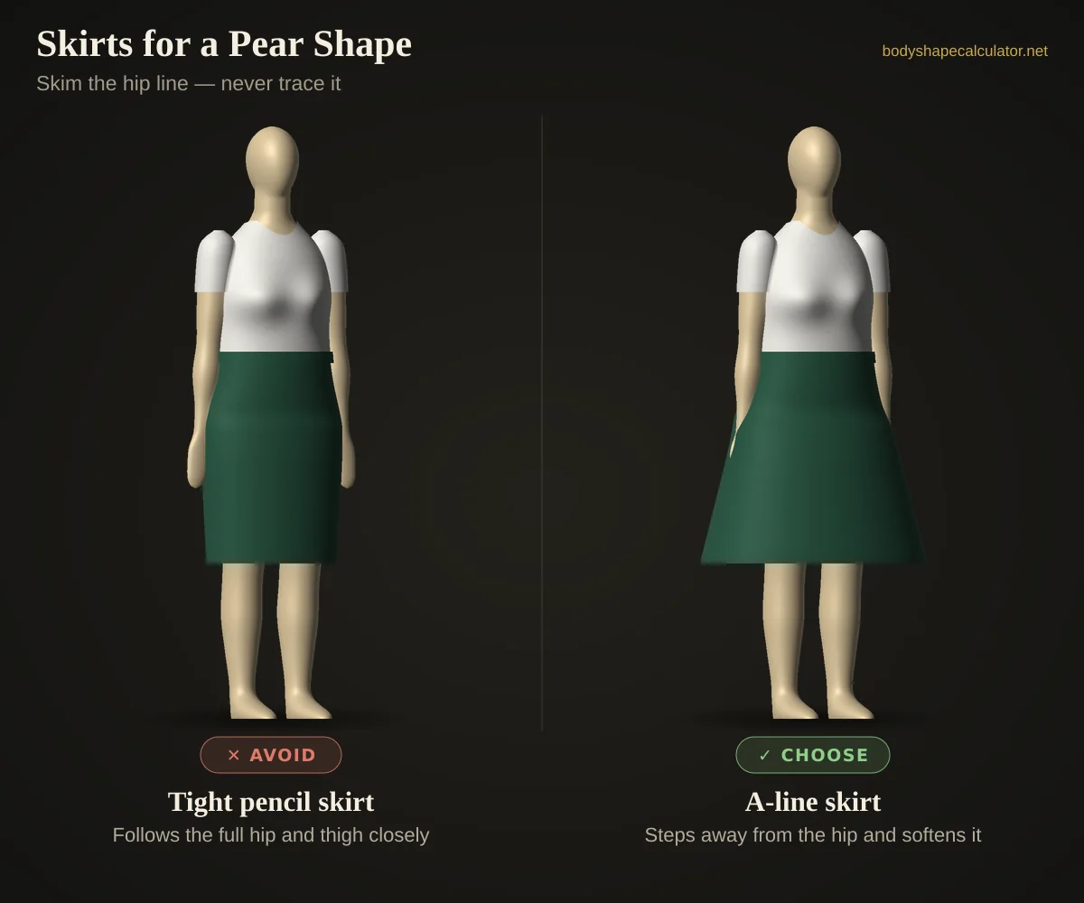 3D comparison of skirts on a pear body shape — avoid: tight pencil skirt (follows the full hip and thigh closely); choose: a-line skirt (steps away from the hip and softens it)