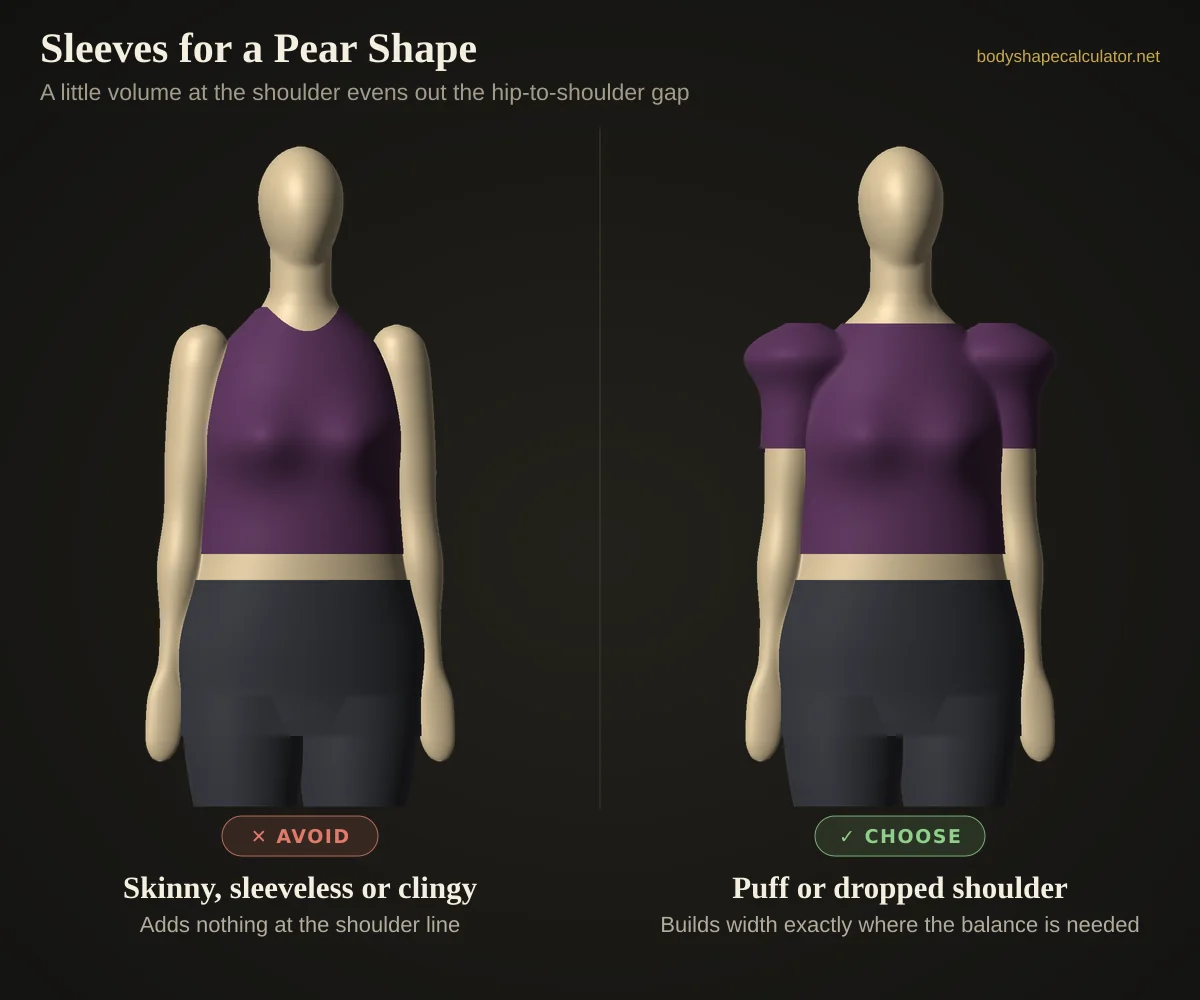 3D comparison of sleeves on a pear body shape — avoid: skinny, sleeveless or clingy (adds nothing at the shoulder line); choose: puff or dropped shoulder (builds width exactly where the balance is needed)