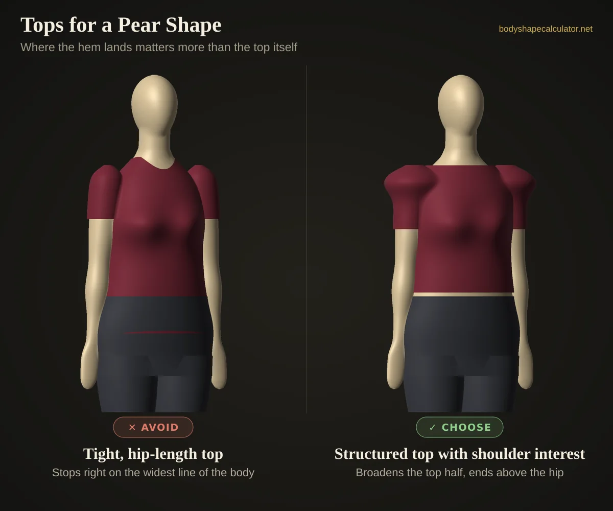 3D comparison of tops on a pear body shape — avoid: tight, hip-length top (stops right on the widest line of the body); choose: structured top with shoulder interest (broadens the top half, ends above the hip)