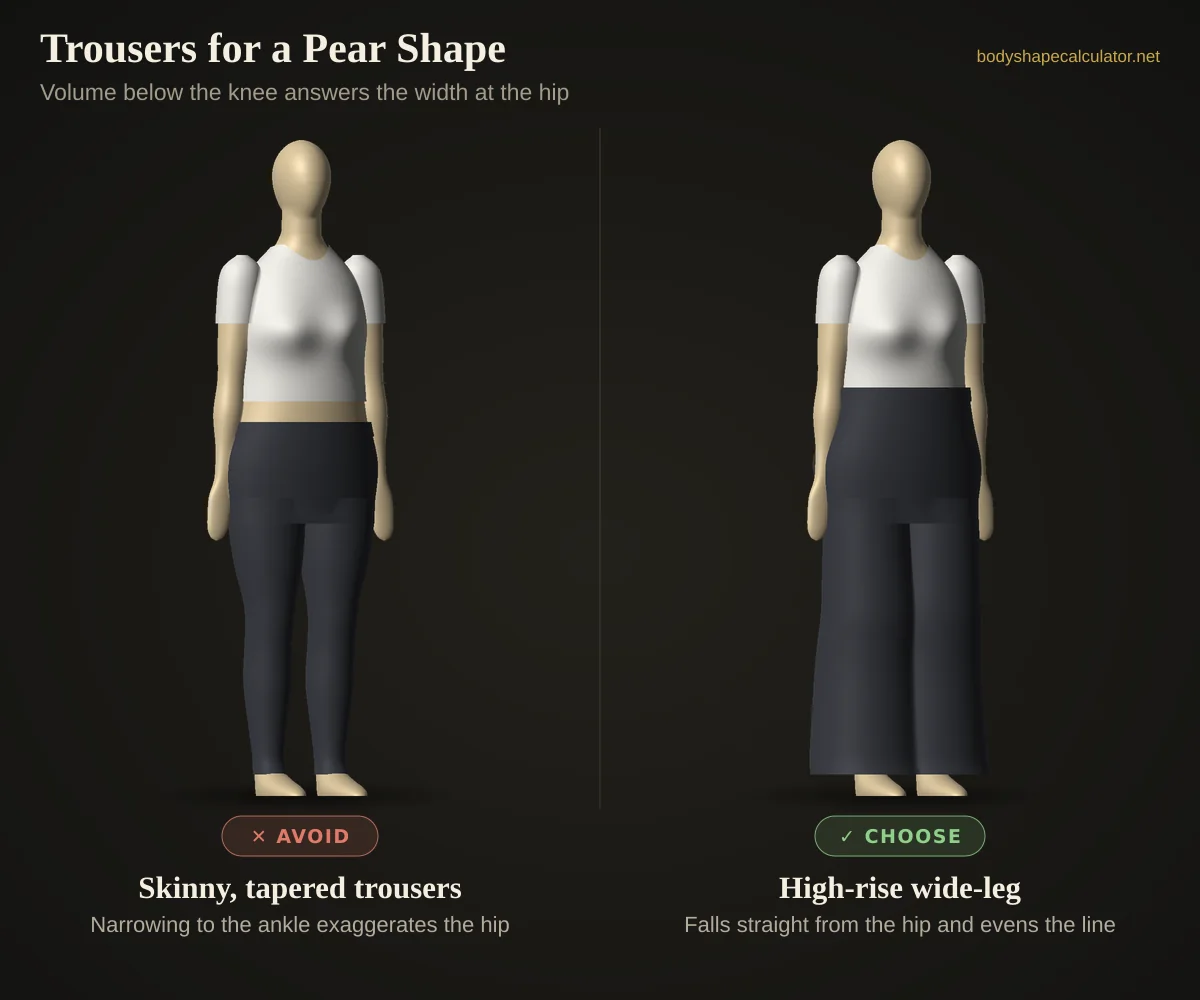 3D comparison of trousers on a pear body shape — avoid: skinny, tapered trousers (narrowing to the ankle exaggerates the hip); choose: high-rise wide-leg (falls straight from the hip and evens the line)