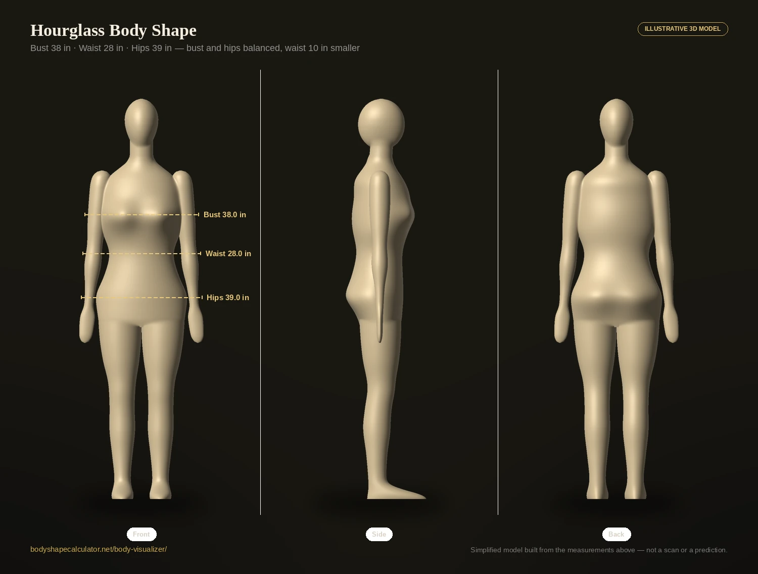 Hourglass body shape 3D illustration from the front, side and back, with bust, waist and hips measurement lines labelled at 38, 28 and 39 inches