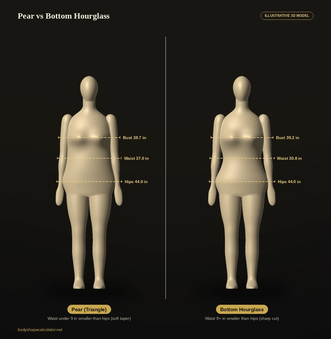 3D comparison of pear and bottom hourglass body shapes at the same hip size, with bust, waist and hips labelled